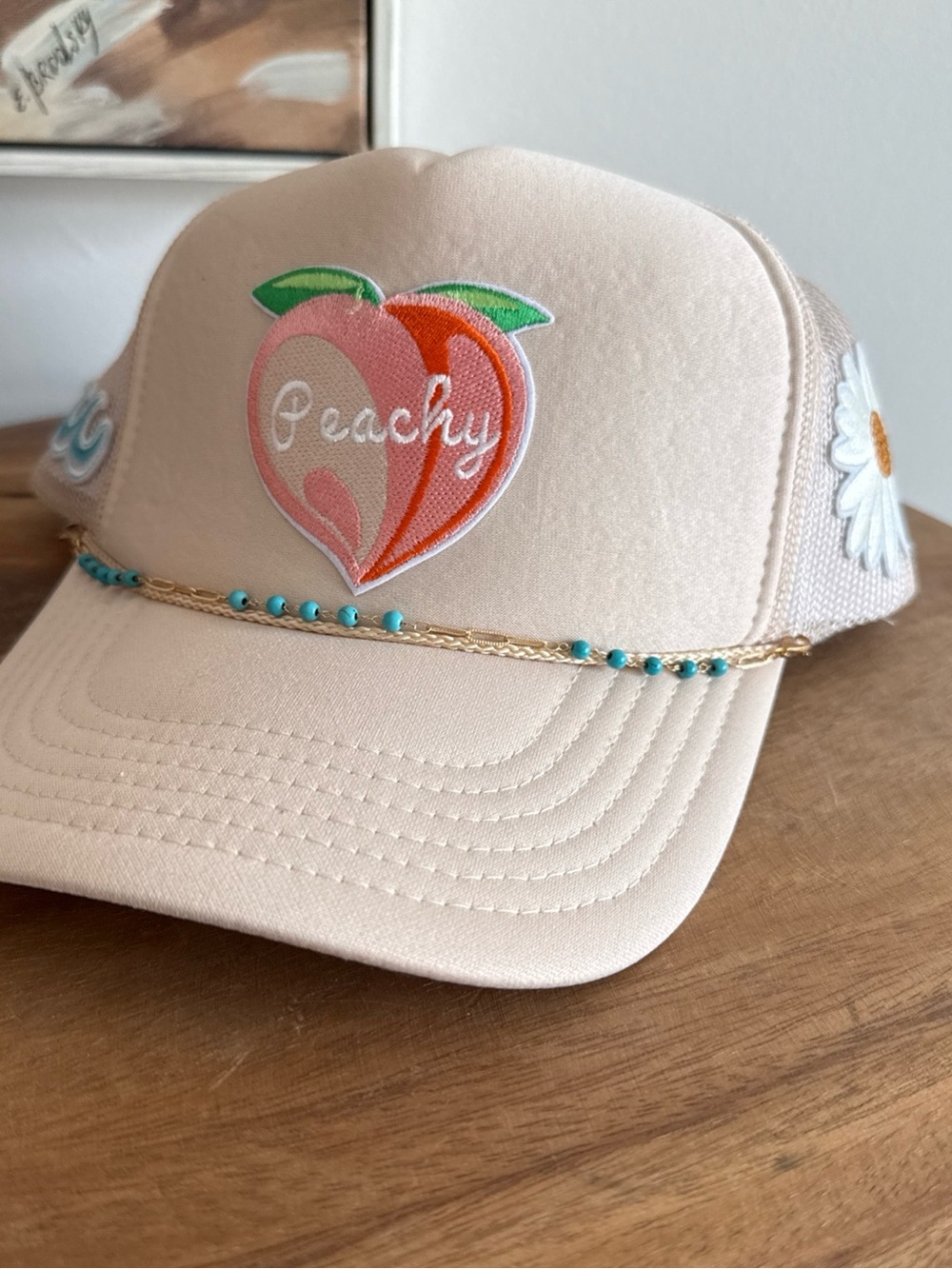 OTTO Beige Trucker Hat with Peach Patch and Daisy